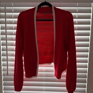 Anthropologie Red Open-Front Cardigan Sweater with White Trim